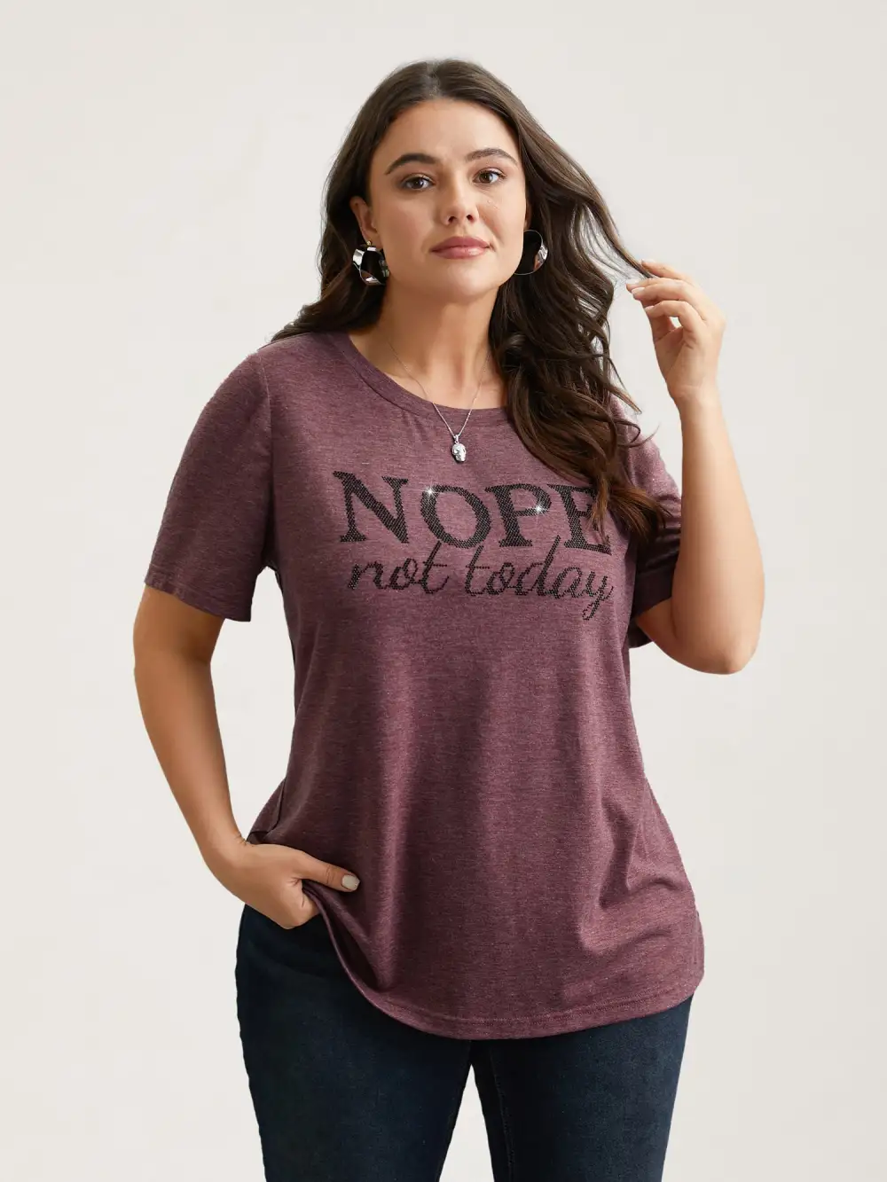 Nope Not Today Print Rhinestone Round Neck T-Shirt