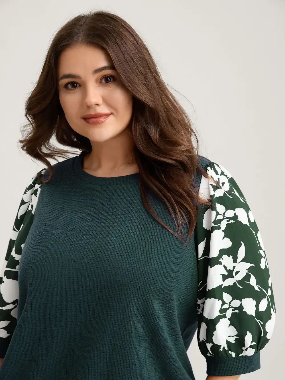 Textured Floral Puffy Sleeve Sweatshirt