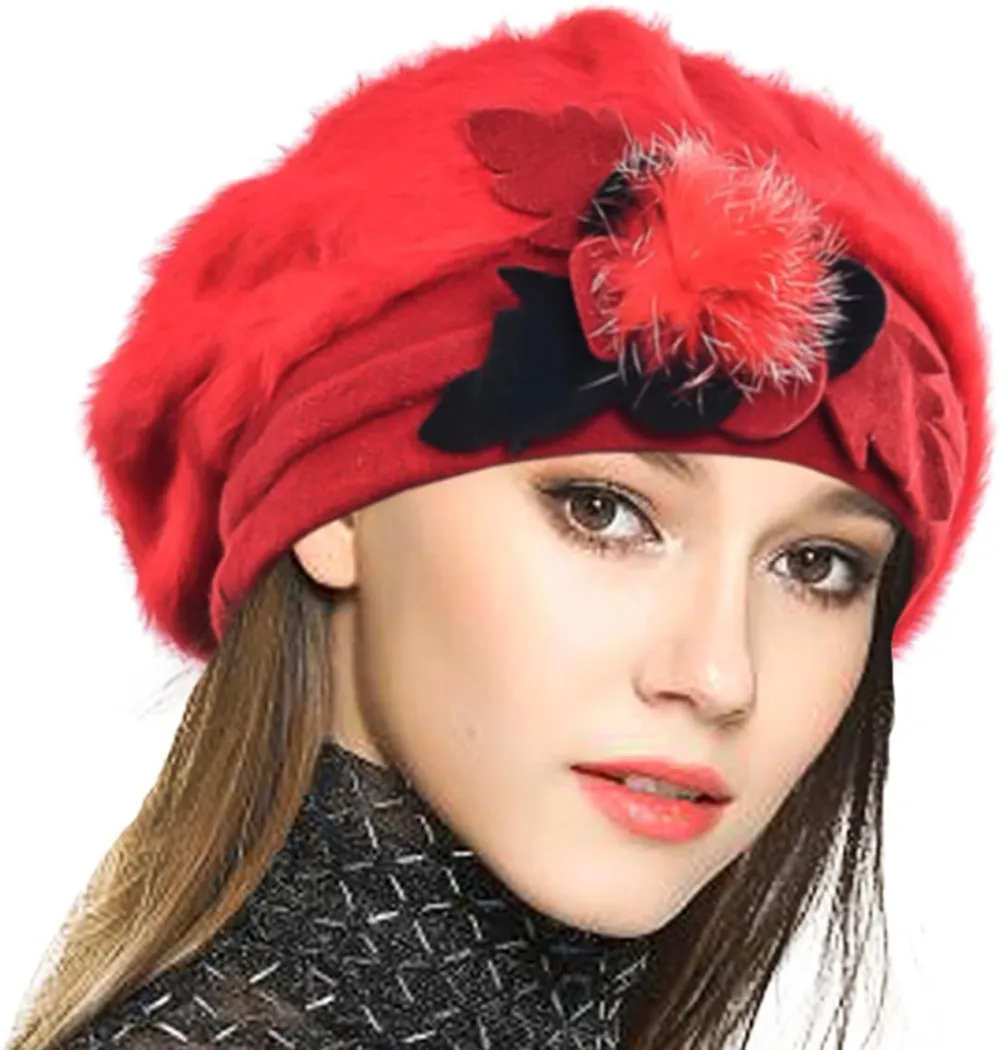 Lady French Beret 100% Wool Beret Floral Dress Beanie Winter Hat