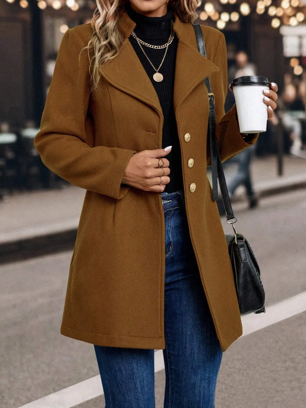 Lapel Button-up Woolen Coat For Women