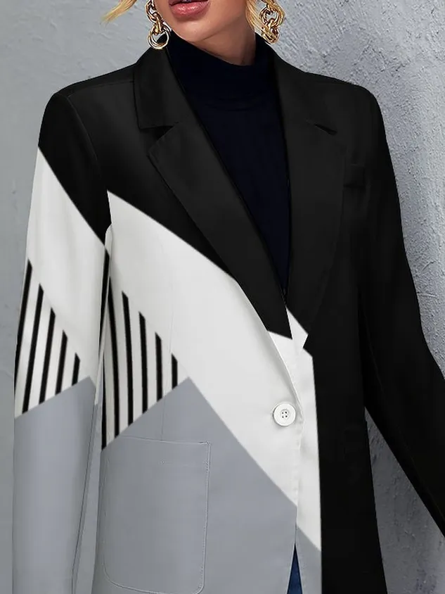 Lapel Collar Long Sleeve Color Block Regular Regular Fit Blazer For Women