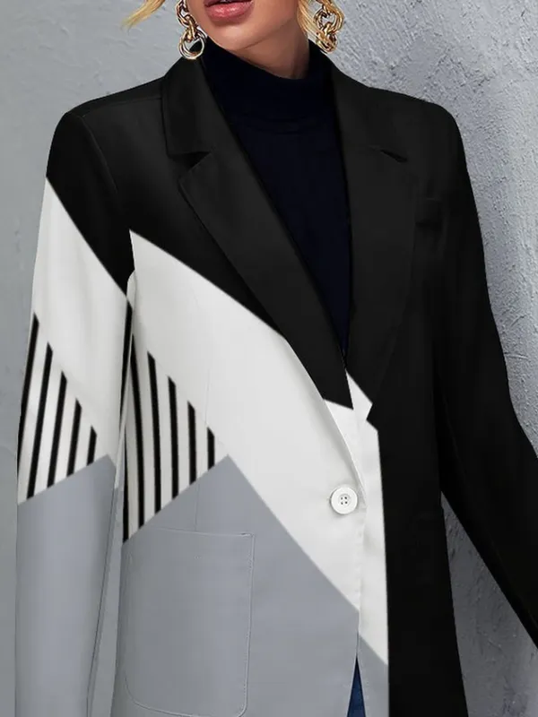 Lapel Collar Long Sleeve Color Block Regular Regular Fit Blazer For Women