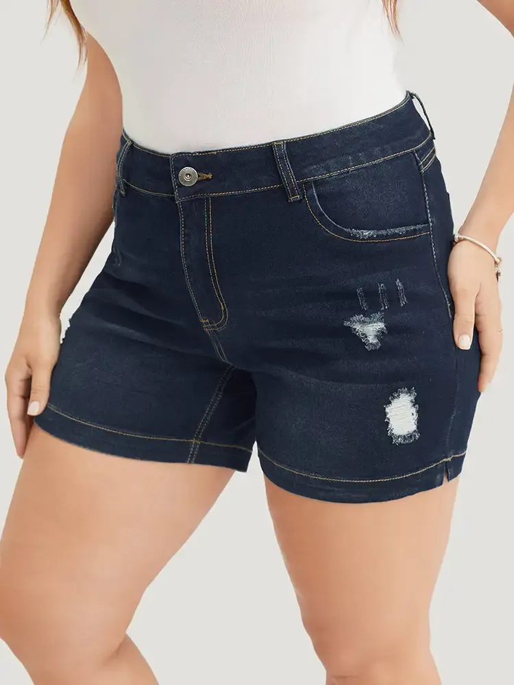 Moderately Stretchy High Rise Dark Wash Distressed Denim Shorts