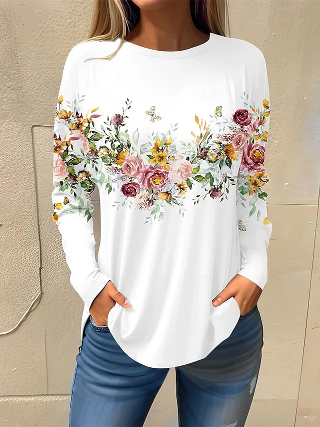 Women's T shirt Tee Floral Print Holiday Weekend Basic Long Sleeve Round Neck White Fall & Winter