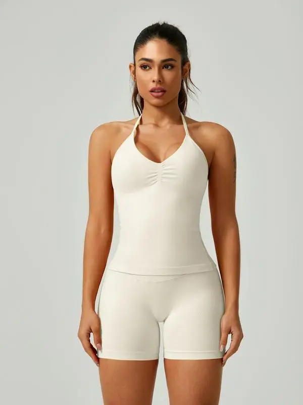 Women's Solid Ruched Design Backless Halter Top & High Waist Shorts Tracksuit Set