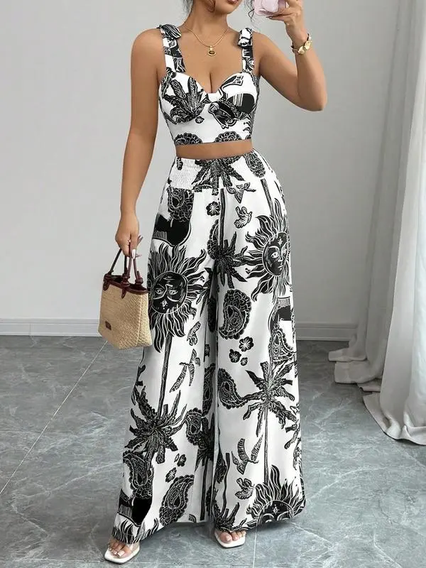 Women's 2-Piece Boho Print Crop Top & Wide Leg Pants Set – Sleeveless Beach Outfit for Summer Vacation