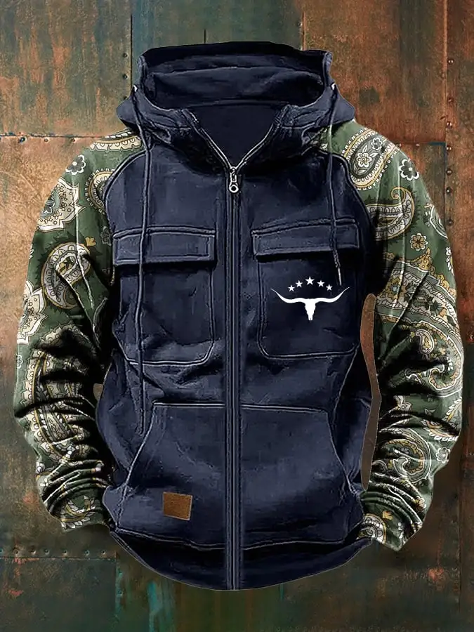 Men's Vintage Paisley Art Print Multi-Pocket Jacket