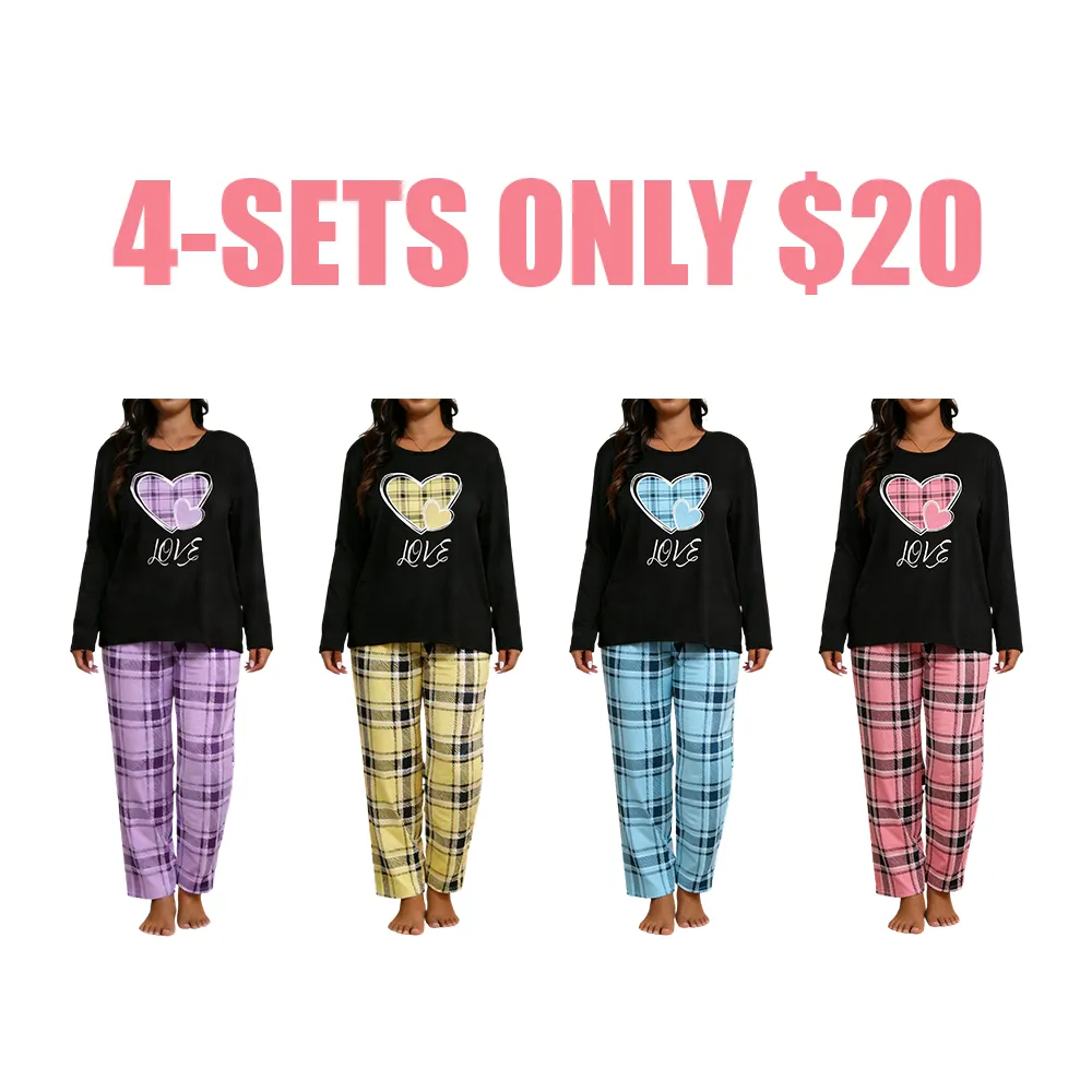 Two-piece Set Long Sleeve Heart Print Tee & Plaid Print