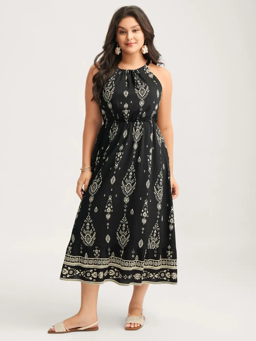 Boho Print Halter Neck Pockets Midi Dress