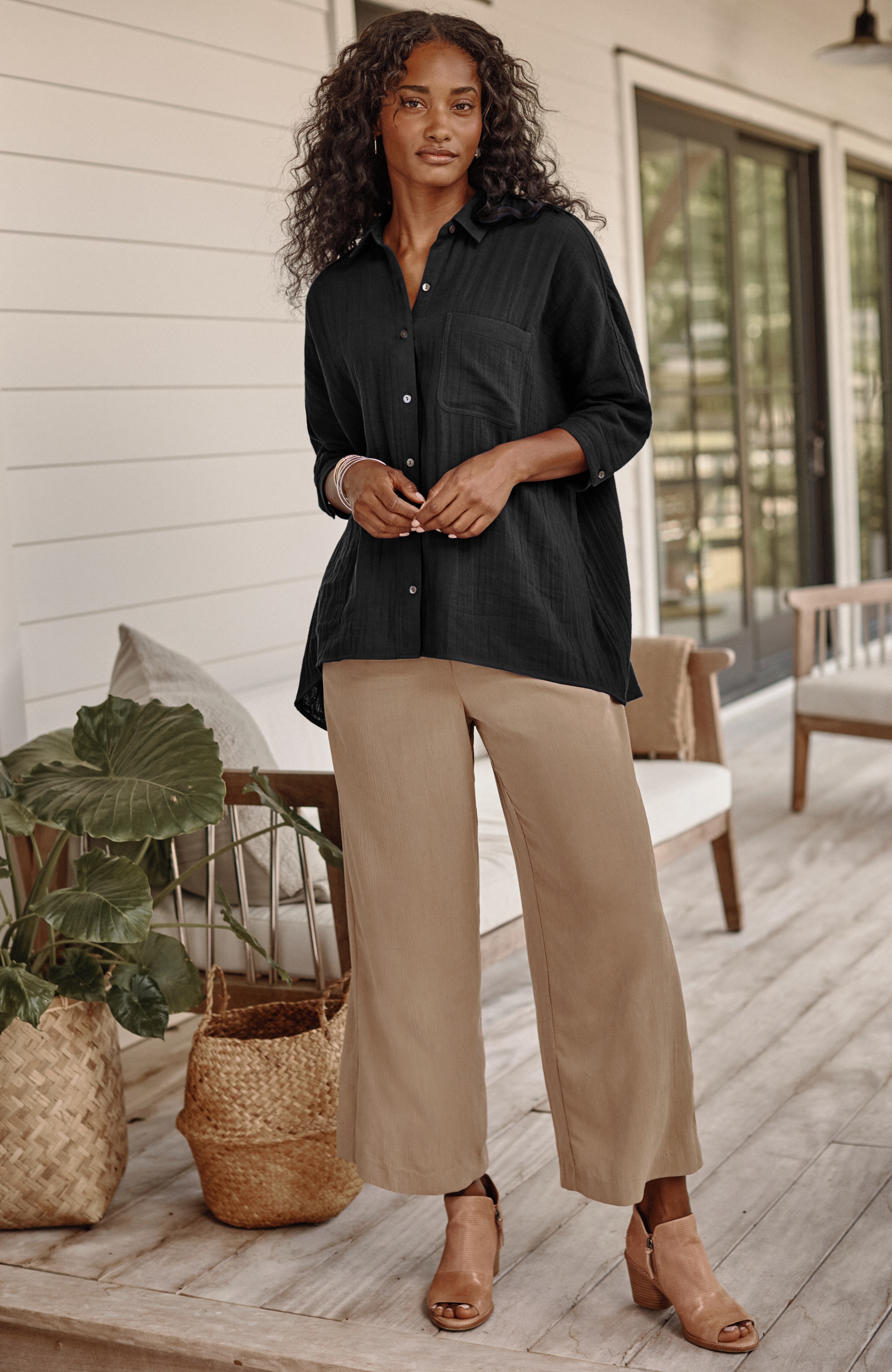 Pure Jill Relaxed Gauze Button-Front Top