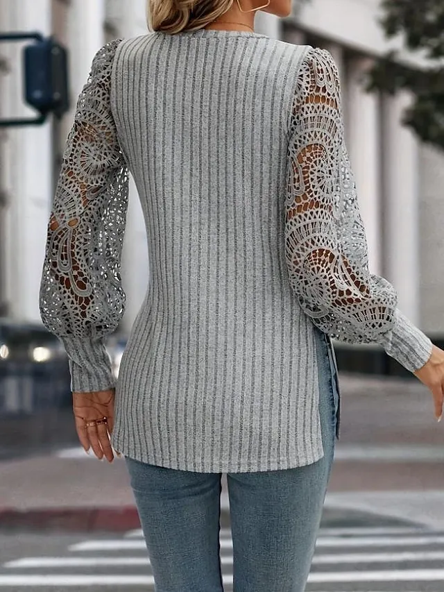 Women's Blouse Textured Ribbed Solid Color Eyelet Daily Elegant Stylish Puff Sleeve Long Sleeve