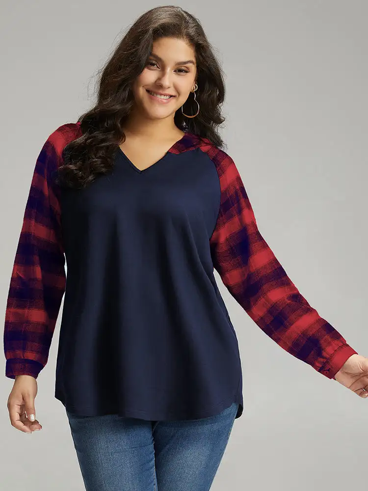 Plaid Print Hooded Patchwork Sweatshirt