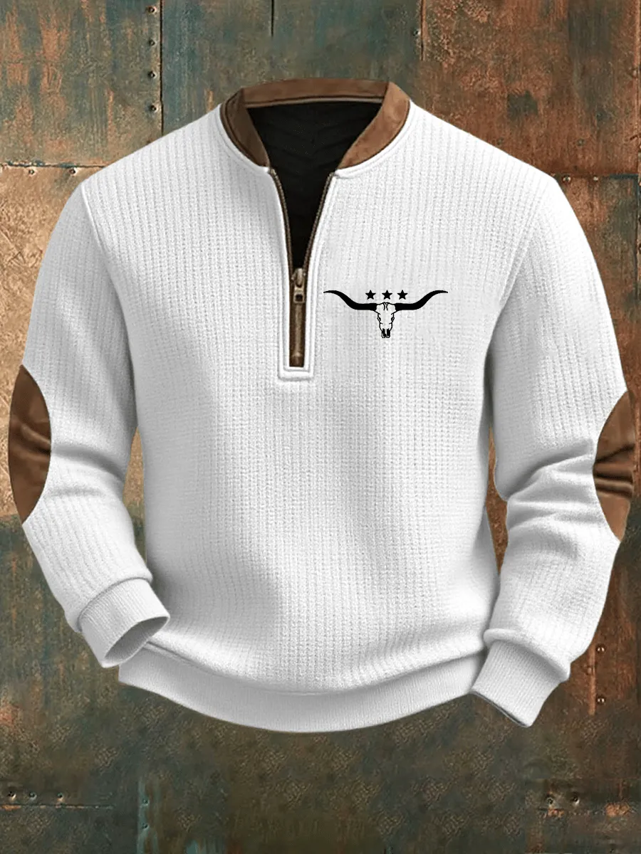 Men's Western Cow Print Zipper Neck Knit Sweatshirt