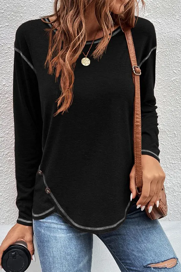 Casual Button Detailed Long Sleeve Irregular Top