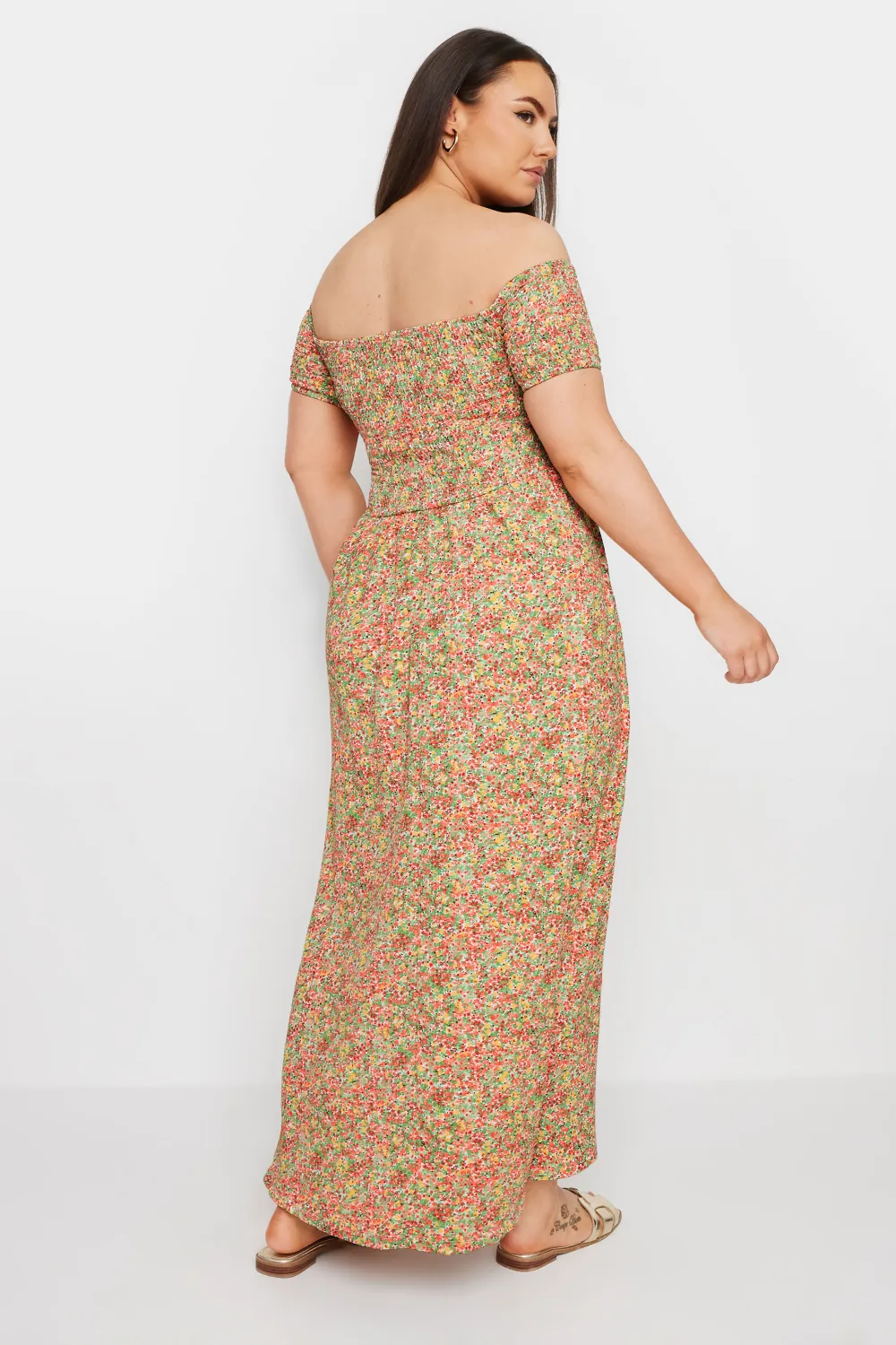 YOURS Curve Pink Ditsy Floral Shirred Midaxi Dress