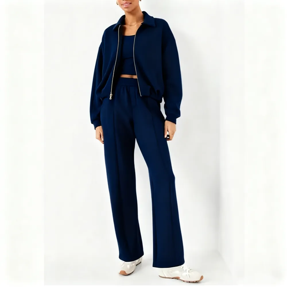 Zipped Jacket and Wide-Leg Pants Two-Piece Set