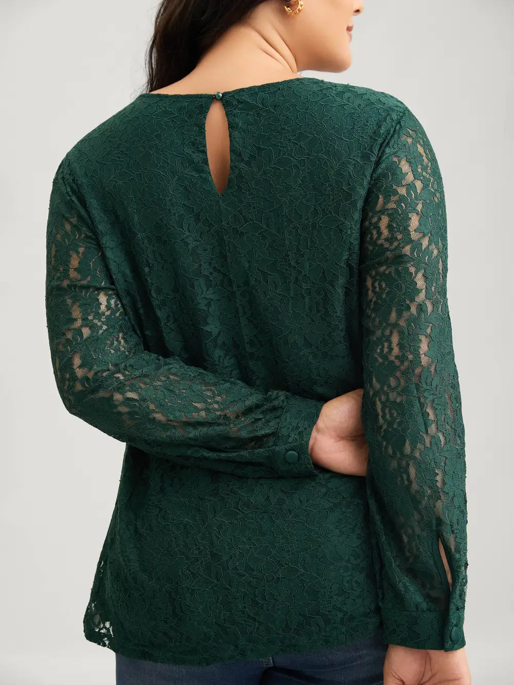 Solid Crochet Lace Mesh Crew Neck Blouse