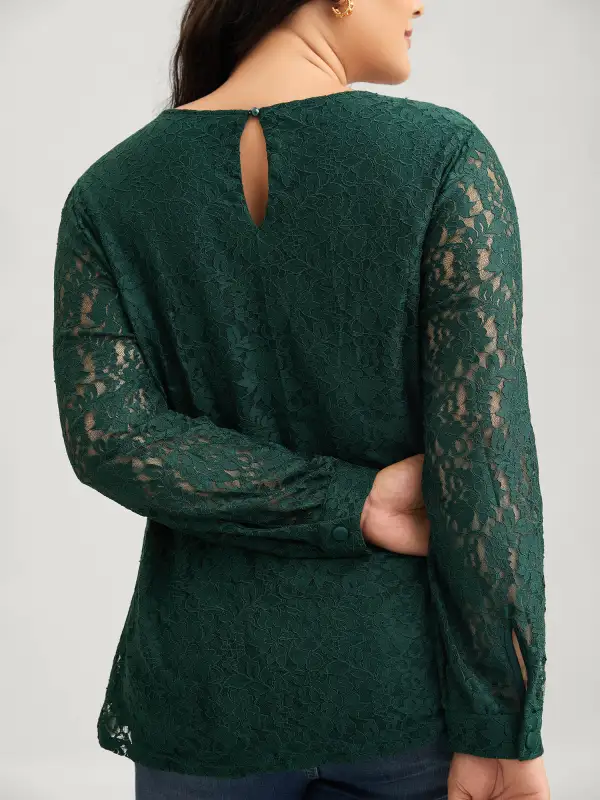 Solid Crochet Lace Mesh Crew Neck Blouse