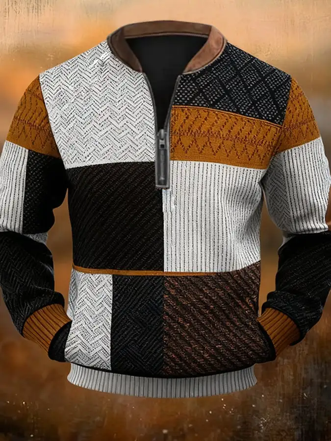 Men'S Casual 1/4 Zipper Half Stand Collar Retro Color Block Print Long Sleeve Sweatshirt