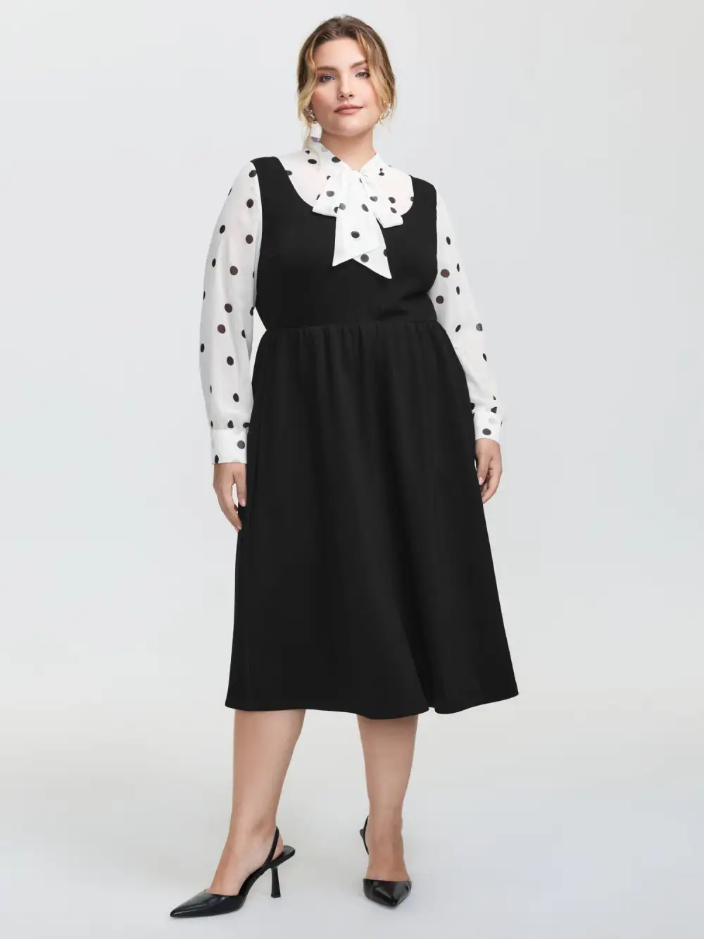 Polka Dot Neck Tie Midi Dress