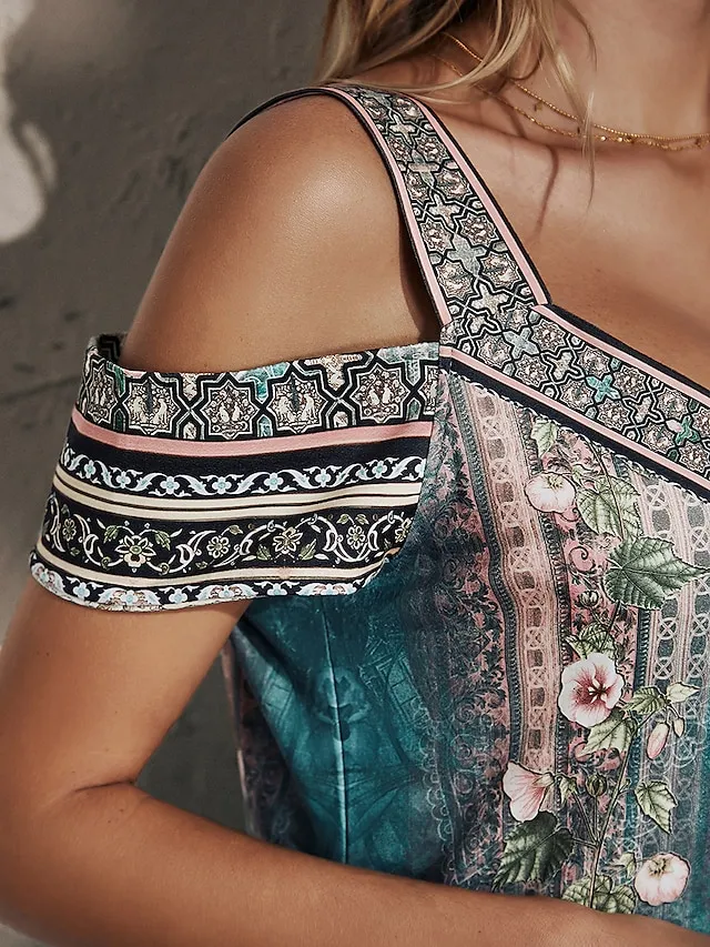 Women's Casual Dress Ethnic Dress Summer Dress Floral Tribal Cut Out Print V Neck Mini Dress Active Fashion Outdoor Daily Short Sleeve Regular Fit Red Blue Green Summer Spring S M L XL XXL