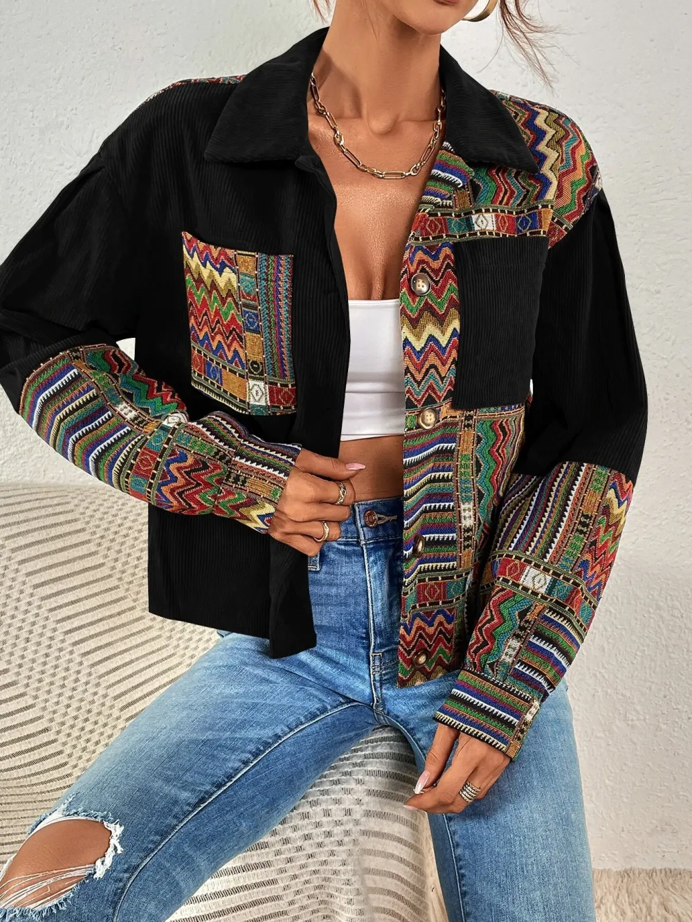 Geo Print Drop Shoulder Corduroy Jacket