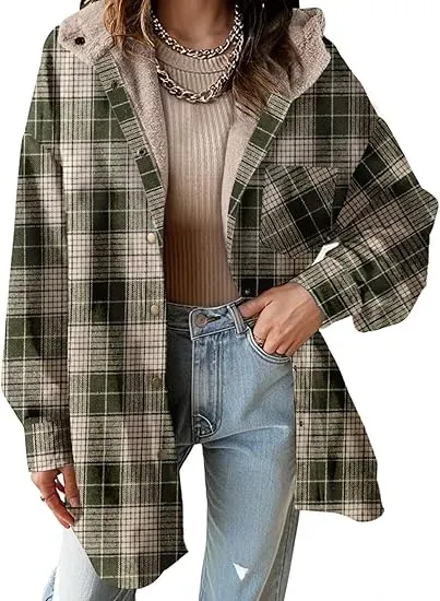 Flannel Hooded Plaid Shacket - Button-Down Thick Fleece-Lined Fuzzy Winter Coat