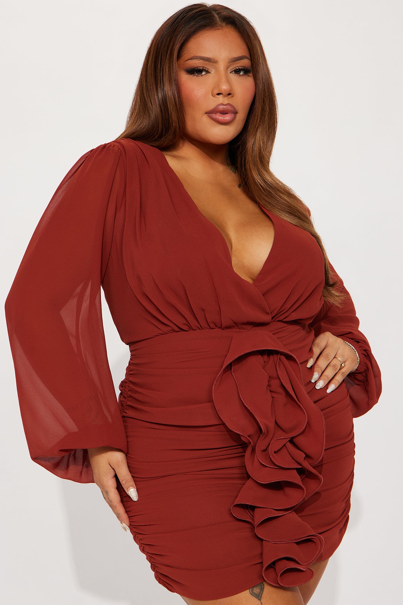 About The Business Ruched Mini Dress - Cognac