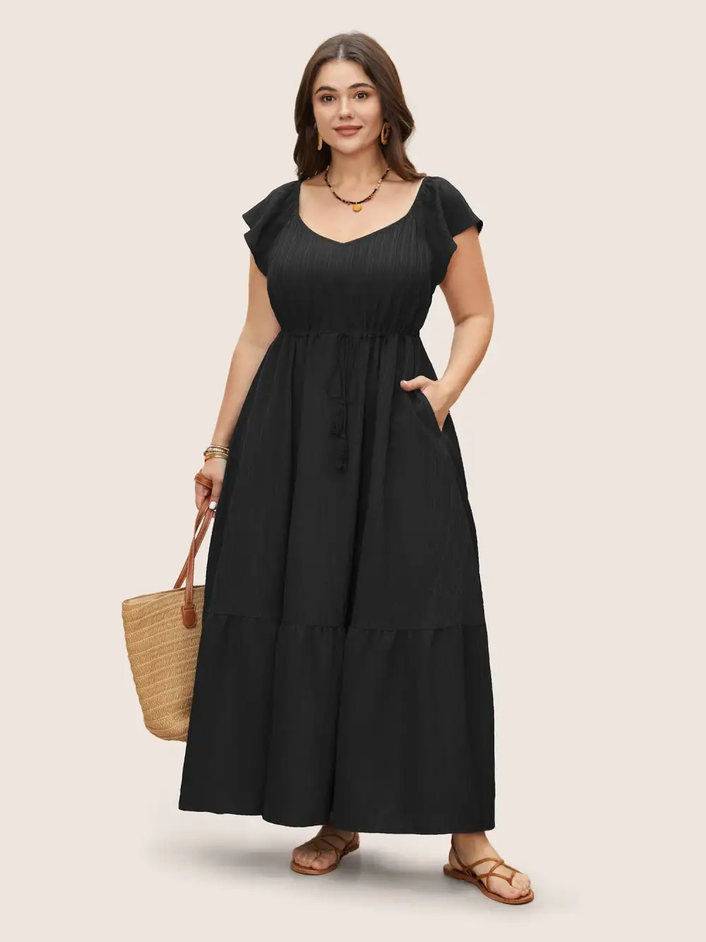 Texture Drawstring Tie Knot Tassels Dress
