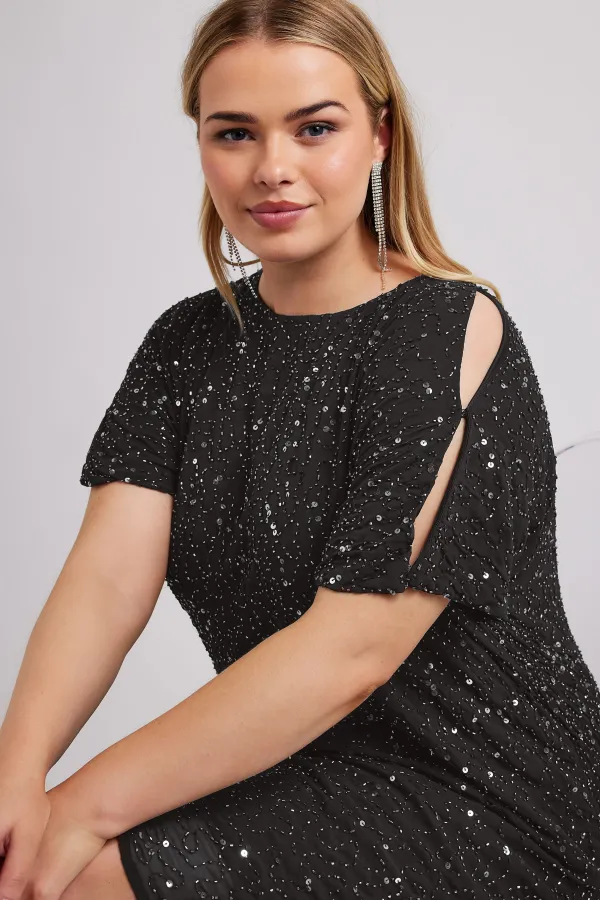 LUXE Curve Blue Sequin Hand Embellished Cape Dress