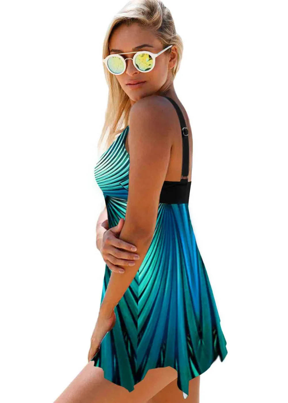 Radial Print Cyan Asymmetric Hem Swimdress Top