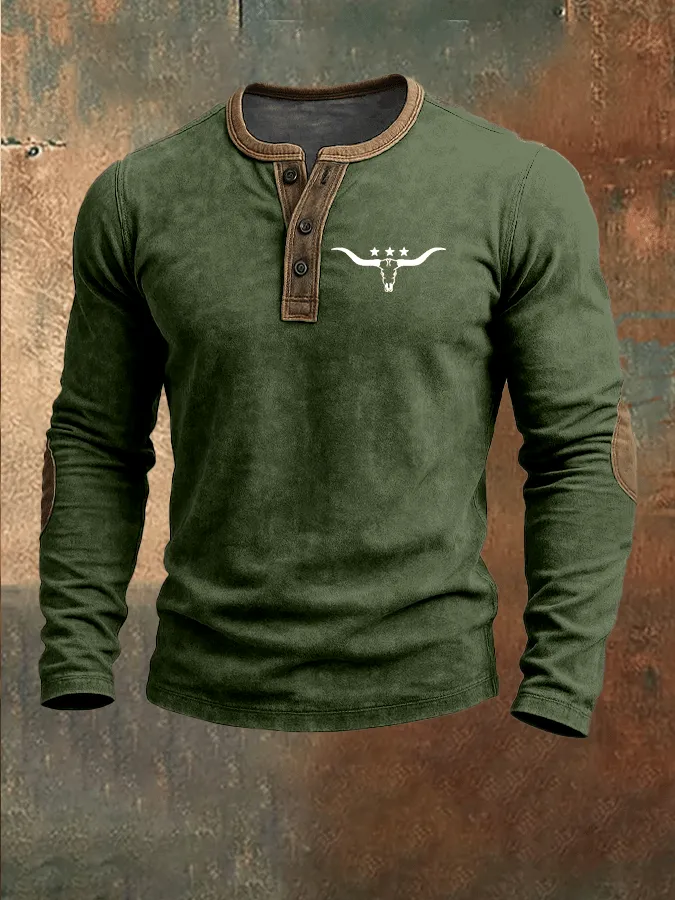 Men's Vintage Western Cow Print Henley Neck Top