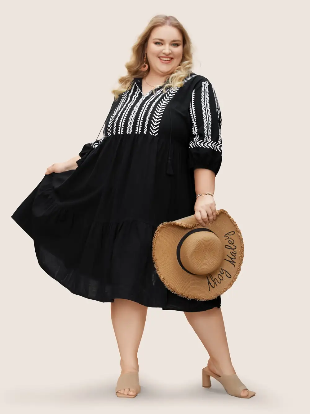 Cotton Geometric Bandana Print Tassel Trim Dress