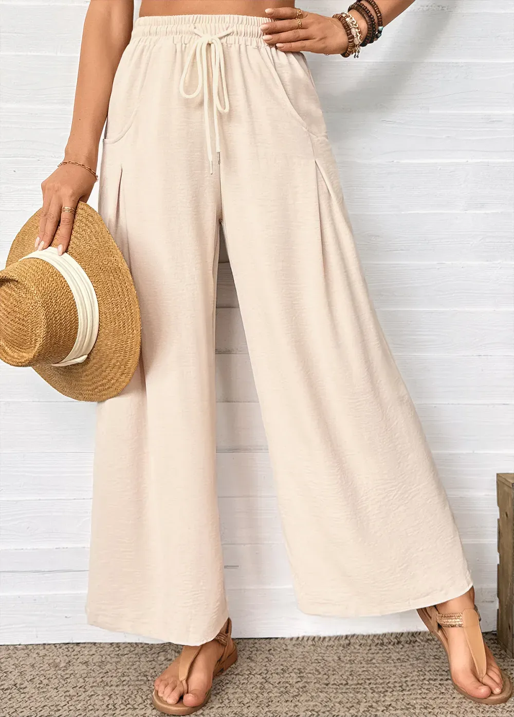 Raw White Wide Leg Elastic Waist High Waisted Pants