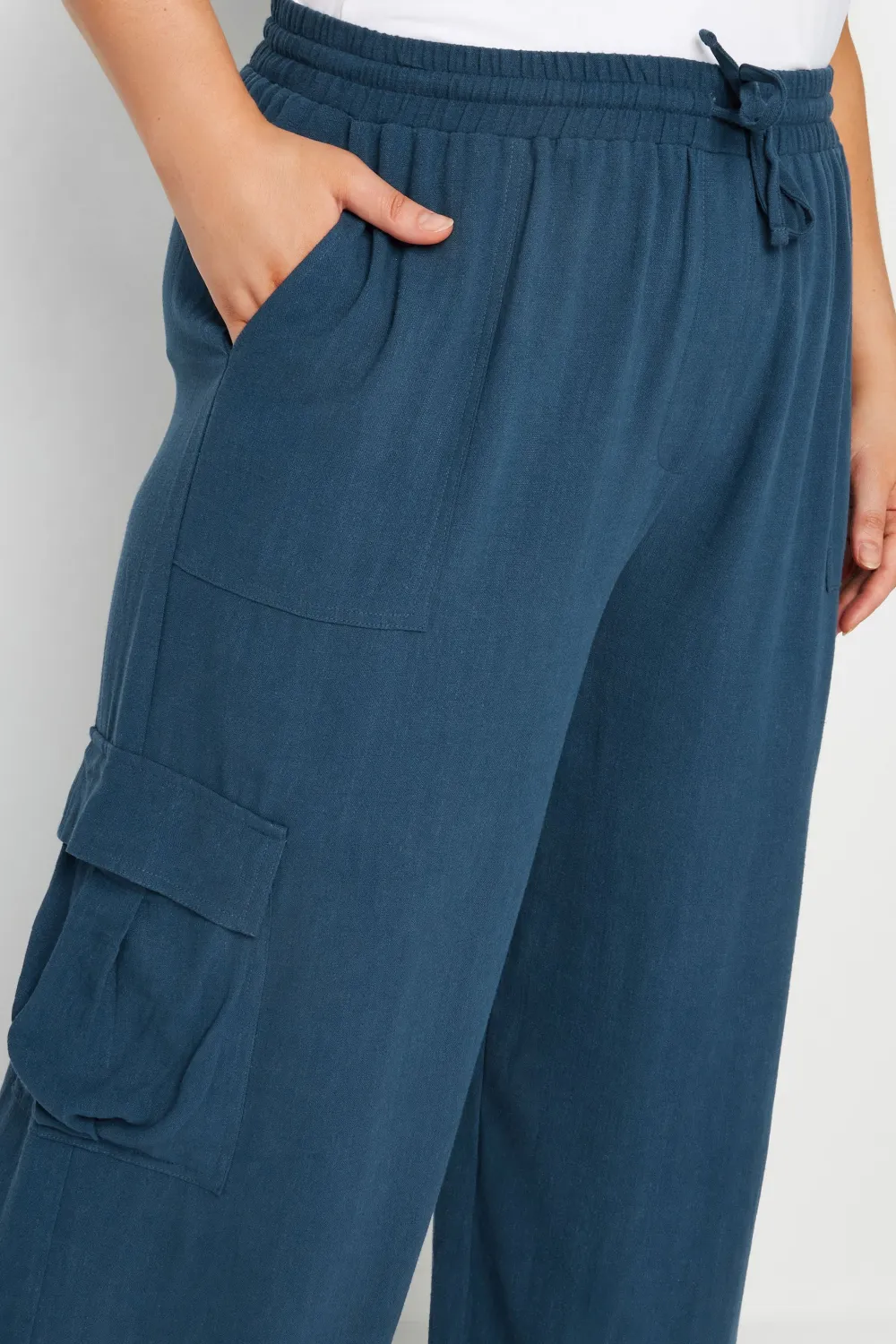 YOURS Curve Khaki Green Linen Look Cargo Trousers