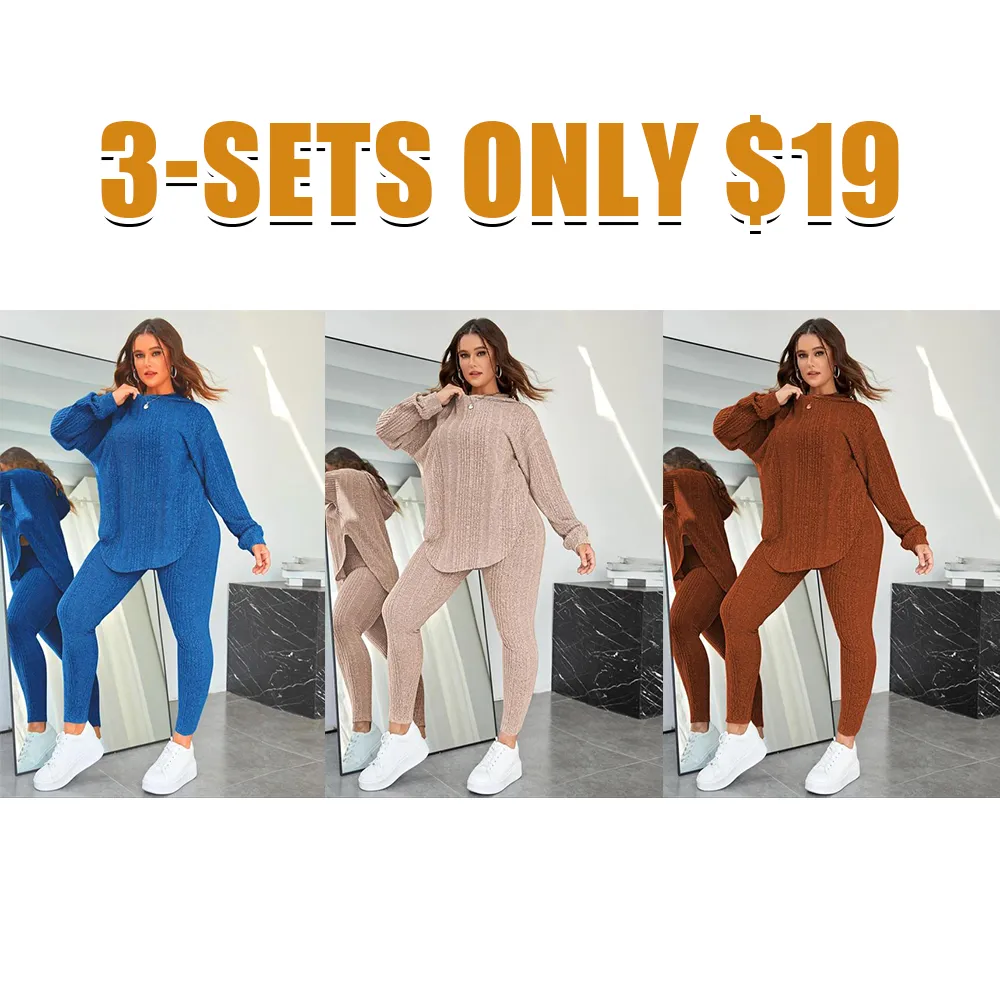 【Plus Size】 Plain Split Curved Hem Hoodie & Leggings Lounge Two-piece Set, Casual Fashion Cozy Breathable Two Piece Outfits for Daily Home Wear