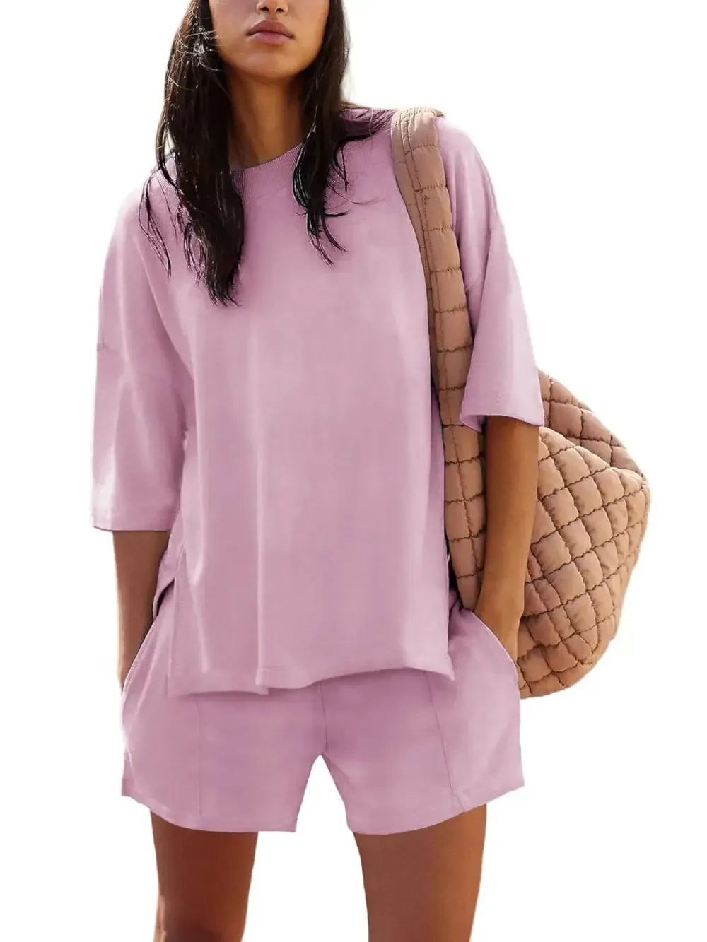 ✨2025 NEW Trendy Casual Solid Color Suit with Slit Top and Shorts