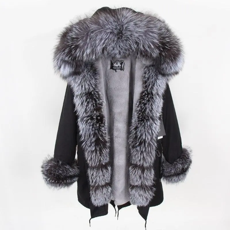 ✨Clearance Sale✨ Women's Parka Fox Fur Coats Real Fur Winter Long Black Park Cotton Thick Warm