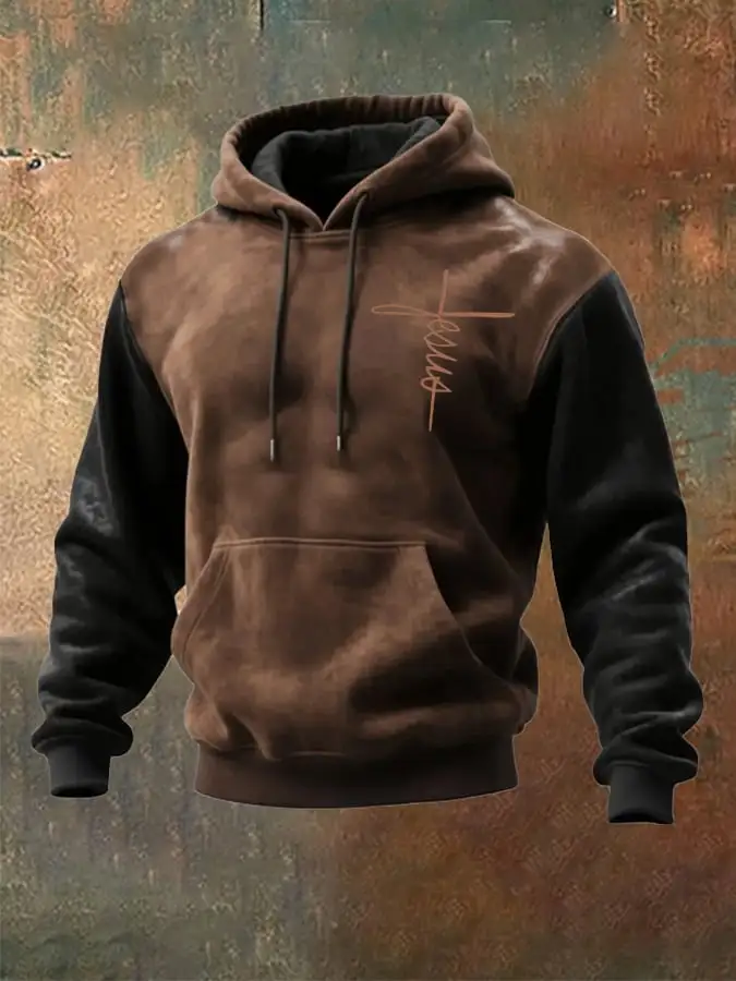 Men'S Casual Retro Contrast Color Faith Long-Sleeved Hooded Sweatshirt