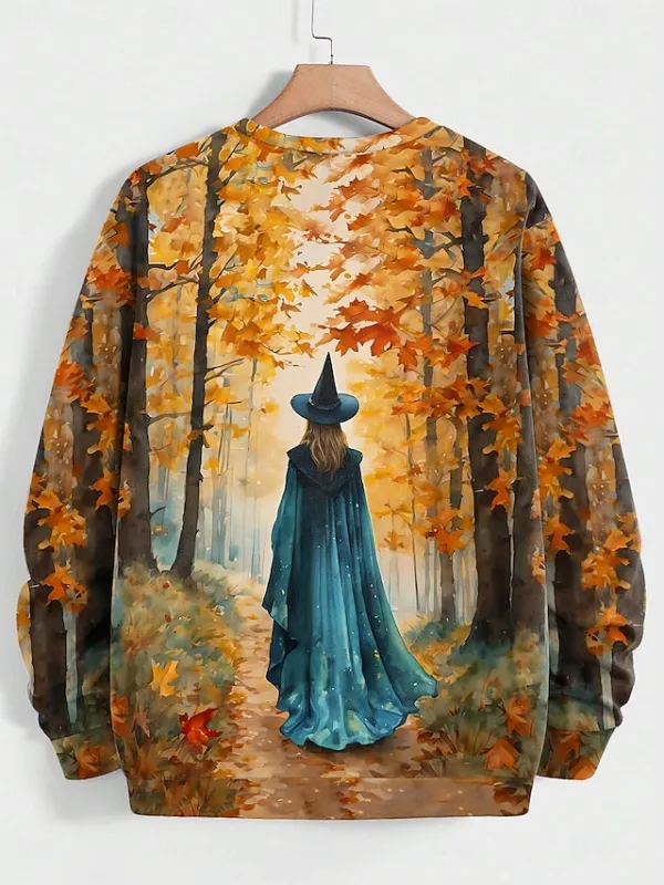 Women's Sweatshirt Halloween Witch Halloween Print Yellow Purple Green Casual Loose Fit Crew Neck Long Sleeve Inelastic Spring Fall