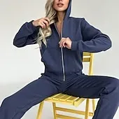 Women's Tracksuit Sweatsuit Pocket 2 Piece Solid Colored Hoodie and Pants Outfit Set Clothing Suit Fall Black White Jogging Training Exercise Thermal Warm Soft Moisture Wicking Long Sleeve Sport