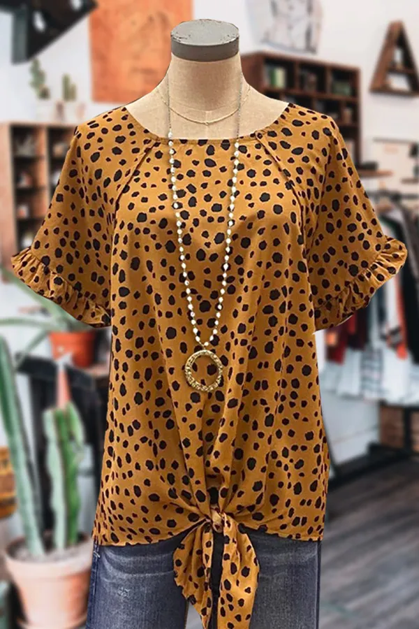 Leopard Print Ruffle Sleeve Tied Short Sleeve Blouse
