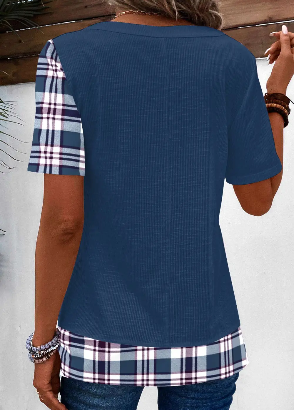 Patchwork Floral Print V Neck T Shirt