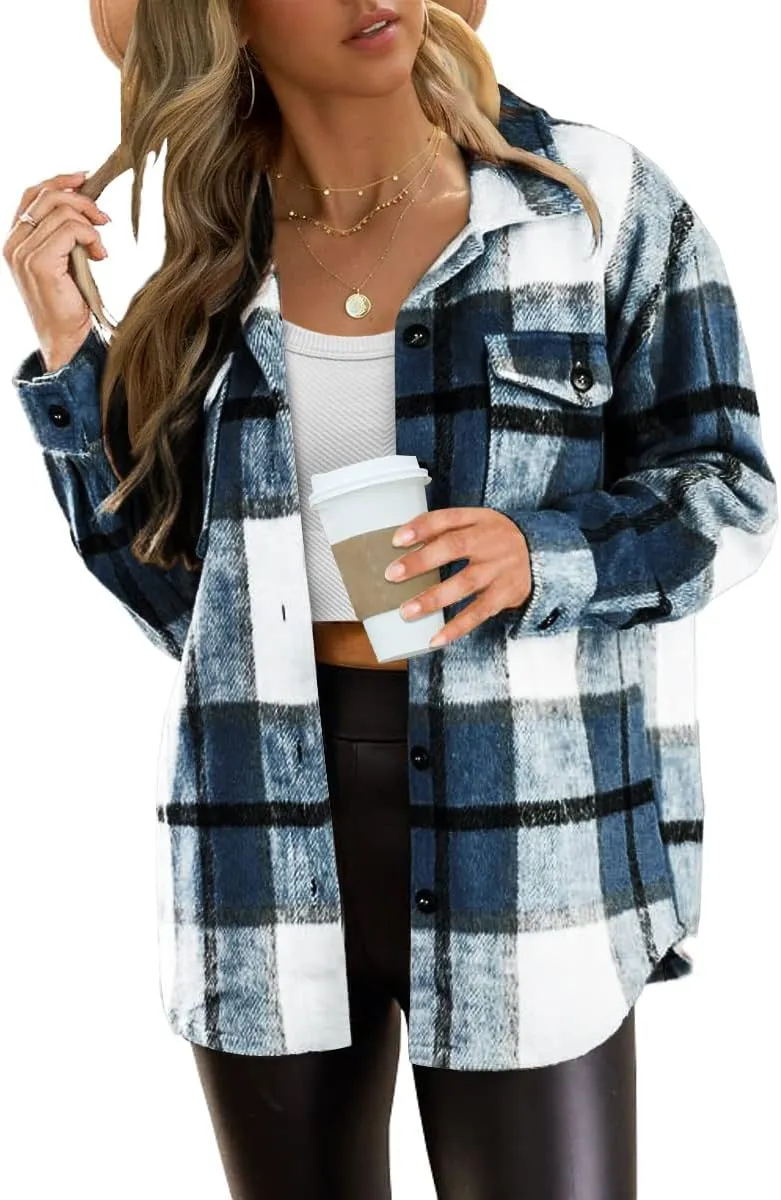 Womens Fall Outfits Fashion Clothes Shackets Flannel Plaid Button Down Long Sleeve Shirts Jackets 2024