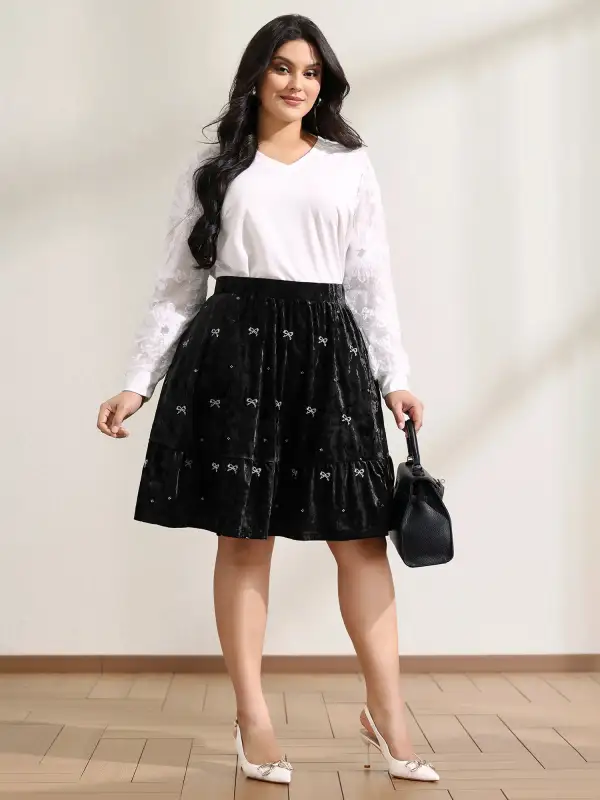 Velvet Bowknot Ruffled Mini Skirt