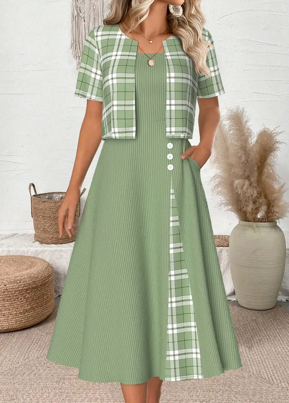 Light Green Plaid 3/4 Sleeve Dress and Cardigan