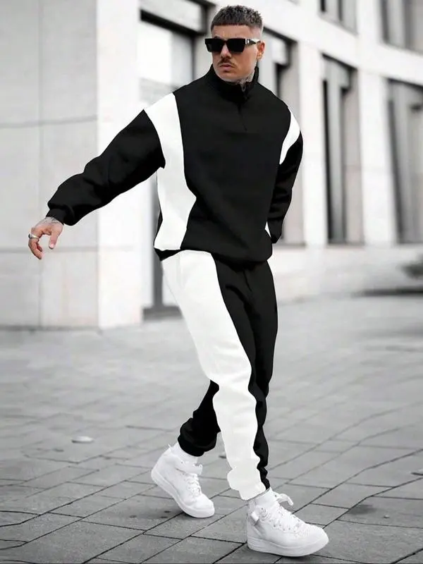 Men’s Colorblock Sweatshirt & Pants Set – Casual Fall & Winter Outfit