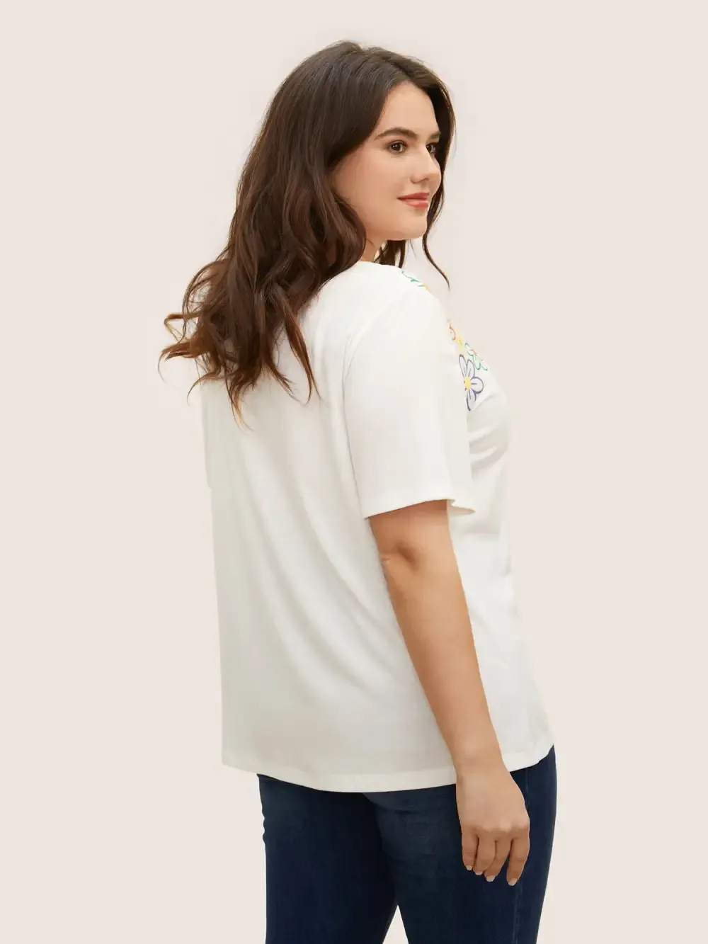 Colored Floral Print Round Neck Gathered T-Shirt