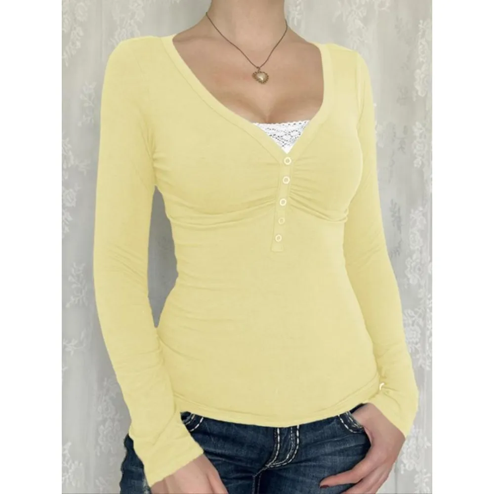 Women's Contrast Lace Button V Neck Tee
