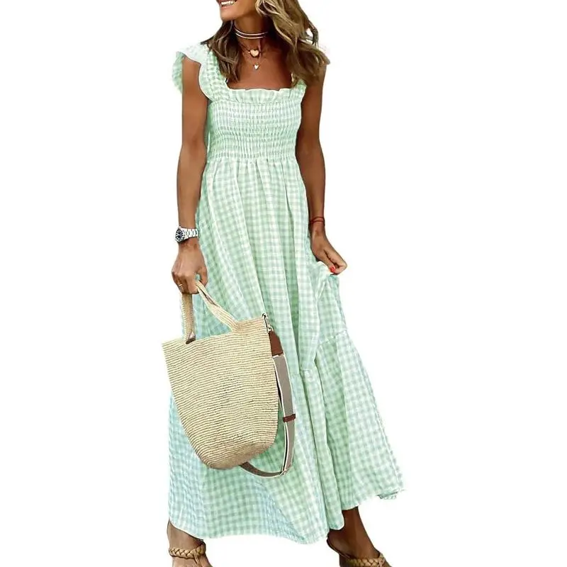 Women's Retro Plaid Smocked Flounce Maxi Dress – Spaghetti Strap